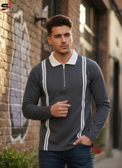 Urban Stripe Polo Zip Tee – Black & White Edition