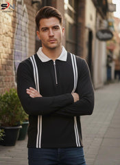 Urban Stripe Polo Zip Tee – Black & White Edition