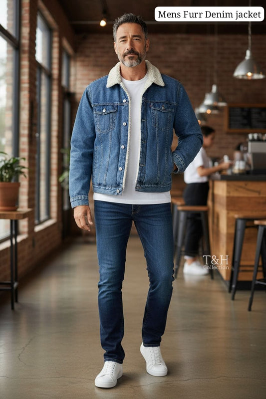 Men's Denim Jacket with Faux Fur Collar