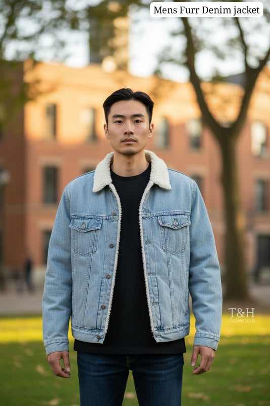 Men's Denim Jacket with Faux Fur Collar