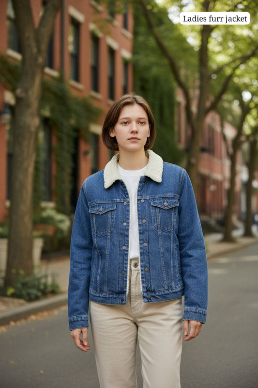 Ladies Denim Jacket with Faux Fur Collar
