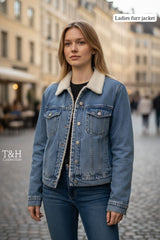 Ladies Denim Jacket with Faux Fur Collar