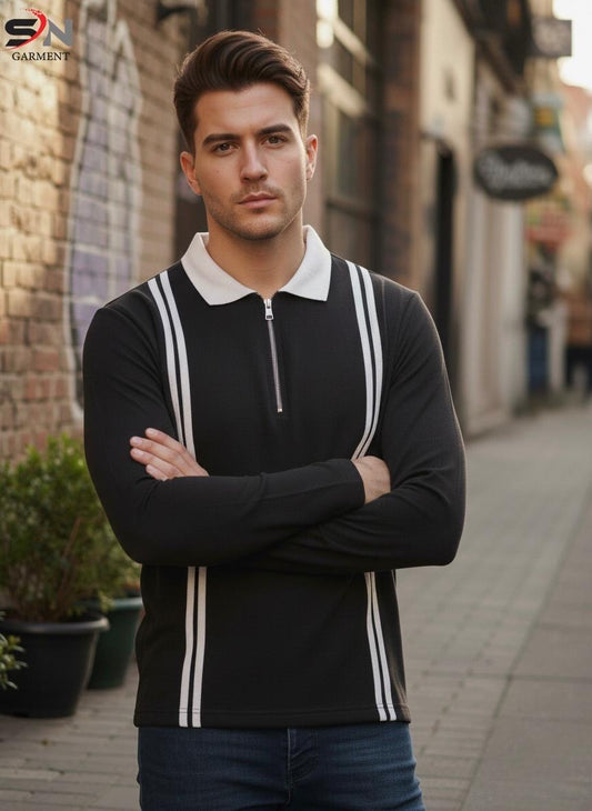 Urban Stripe Polo Zip Tee – Black & White Edition