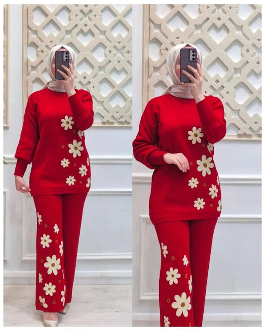 Drop Shoulder Side Printed Fleece Top with Printed Fleece Trouser – 2 Piece Set