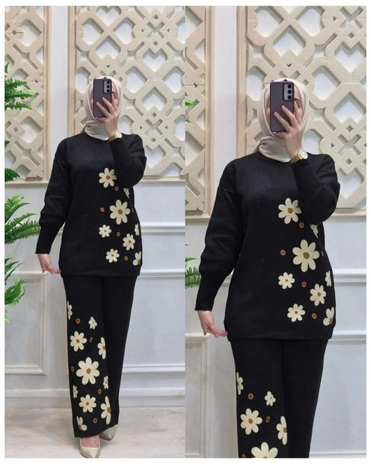 Drop Shoulder Side Printed Fleece Top with Printed Fleece Trouser – 2 Piece Set